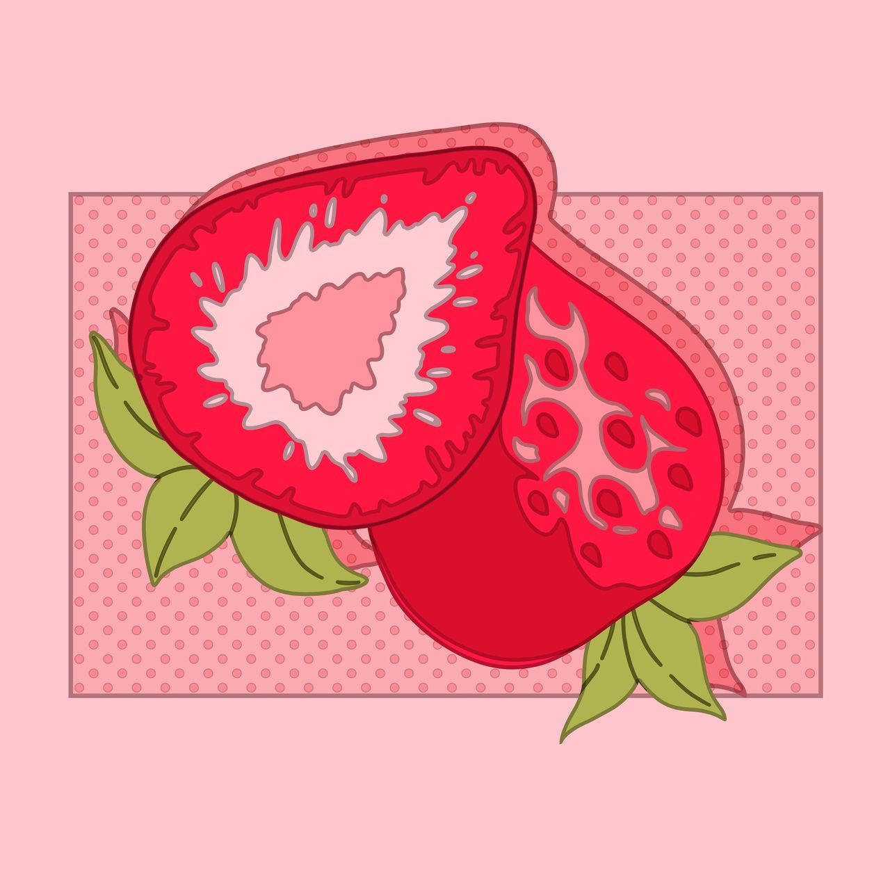 Strawberry Aesthetic 桌布 壁紙 — 一個充滿活力的卡通風格石榴切開，露出多汁的種子，背景是粉紅色圓點圖案。