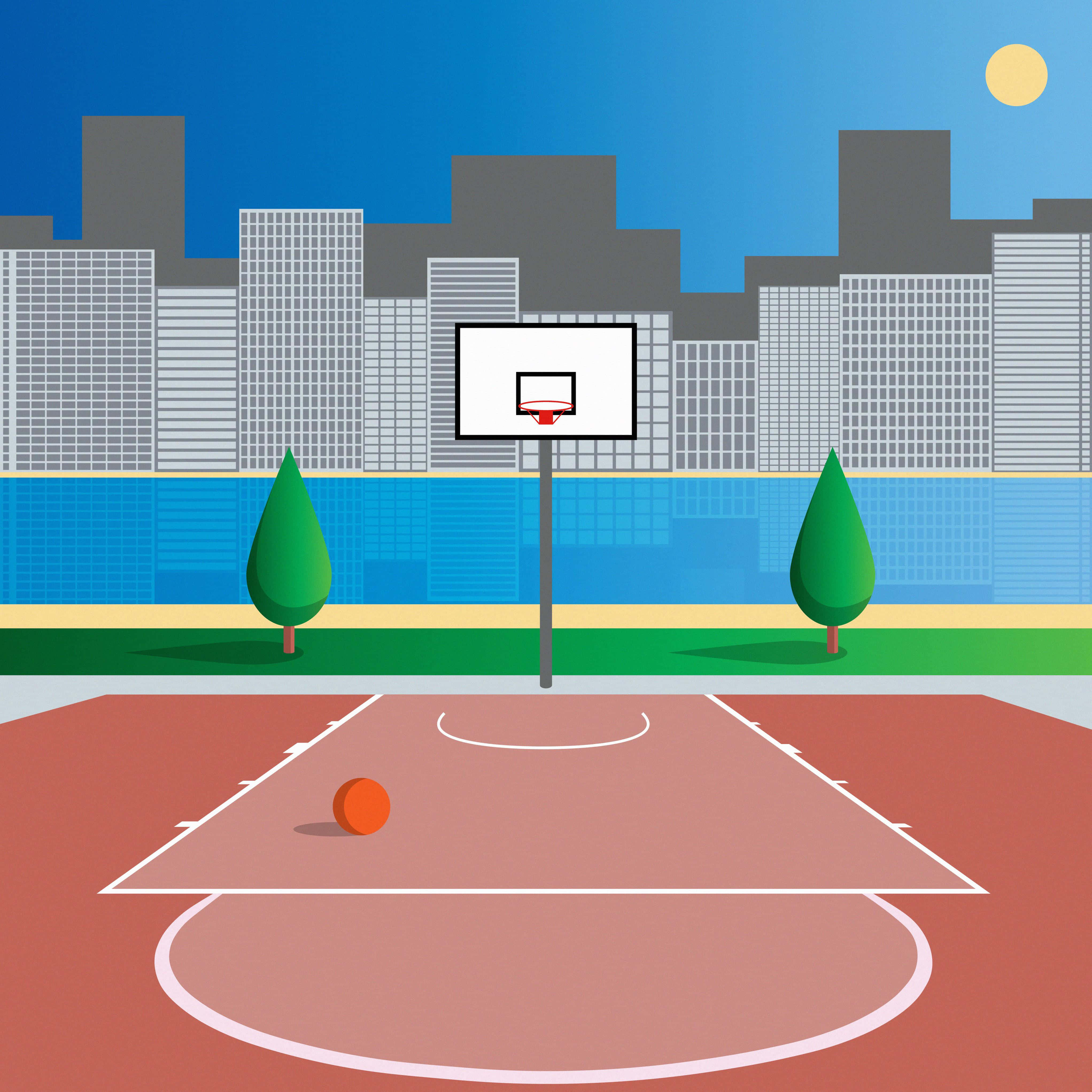 Basketball Court 桌布 壁紙 — 一個充滿活力的卡通風格籃球場，配有籃框和橙色籃球，背景是城市天際線和明亮的太陽。