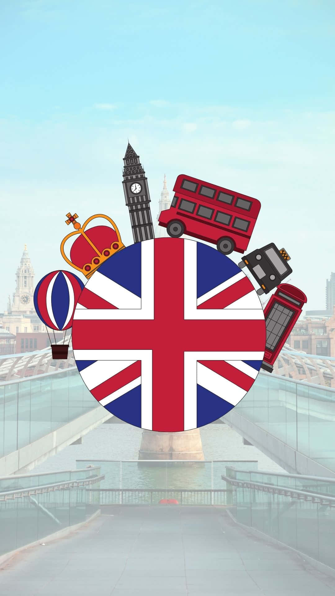 倫敦 桌布 壁紙 — 一個充滿活力的卡通風格英國國旗，周圍環繞著標誌性符號，如大笨鐘、紅色巴士和皇冠，背景為城市天際線。