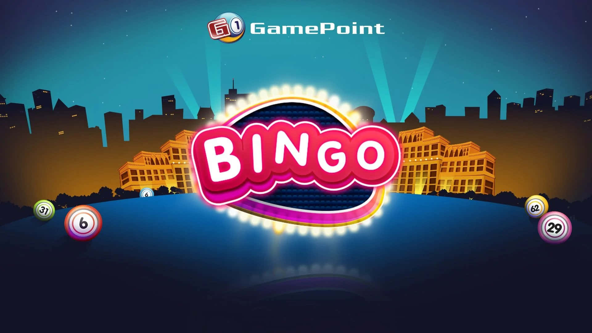Bingo 桌布 壁紙 — 一個充滿活力的卡通風格賓果遊戲標誌，在夜間城市天際線和漂浮的編號球中發光。