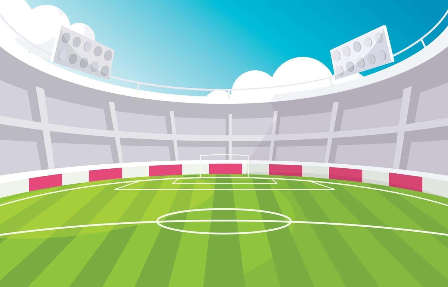 Cricket Ground 桌布 壁紙 — 一個充滿活力的卡通風格足球場，在晴朗的藍天白雲下，有綠色條紋的球場。