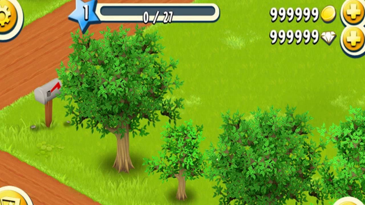 Hay Day 桌布 壁紙 — 一個充滿活力的卡通風格農場場景，有茂密的綠樹、草地和一個郵筒，在明亮的陽光下。