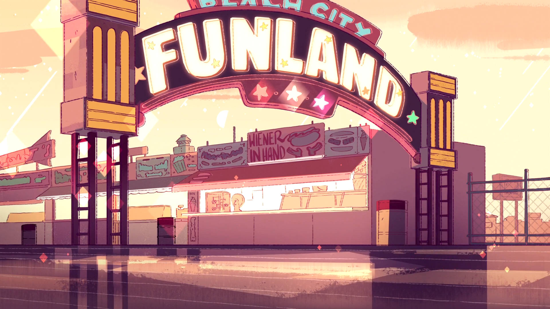 Cartoon Network 桌布 壁紙 — 一個充滿活力的卡通風格遊樂園入口，帶有發光的「Funland」標誌和美食攤位，在溫暖的日落天空下。