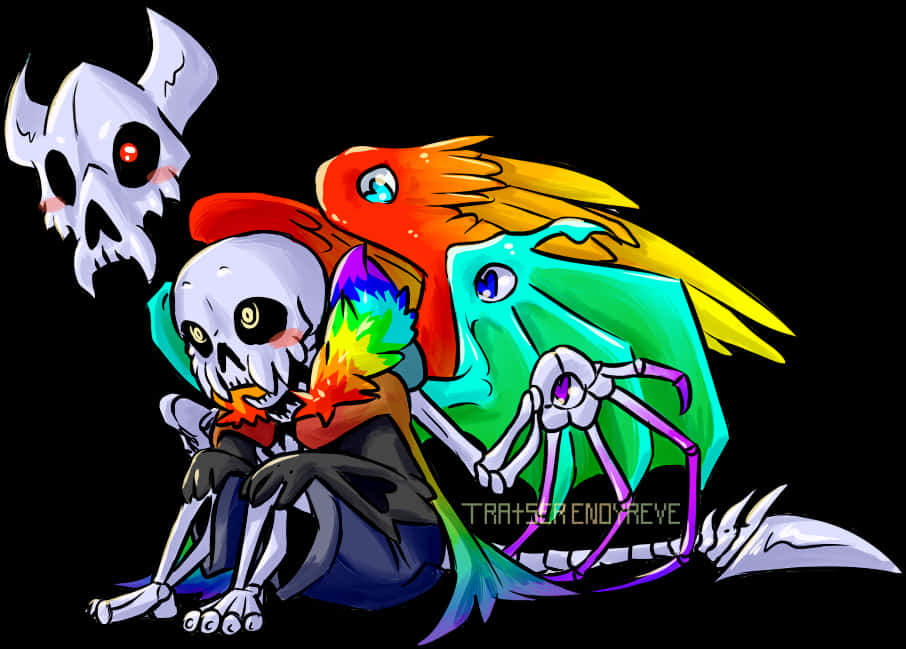 Undertale Sans 桌布 壁紙 — 一個充滿活力的卡通骷髏，帶有彩虹羽毛，坐在一個色彩繽紛的魷魚狀生物和一個漂浮的頭骨旁邊，背景為黑色。