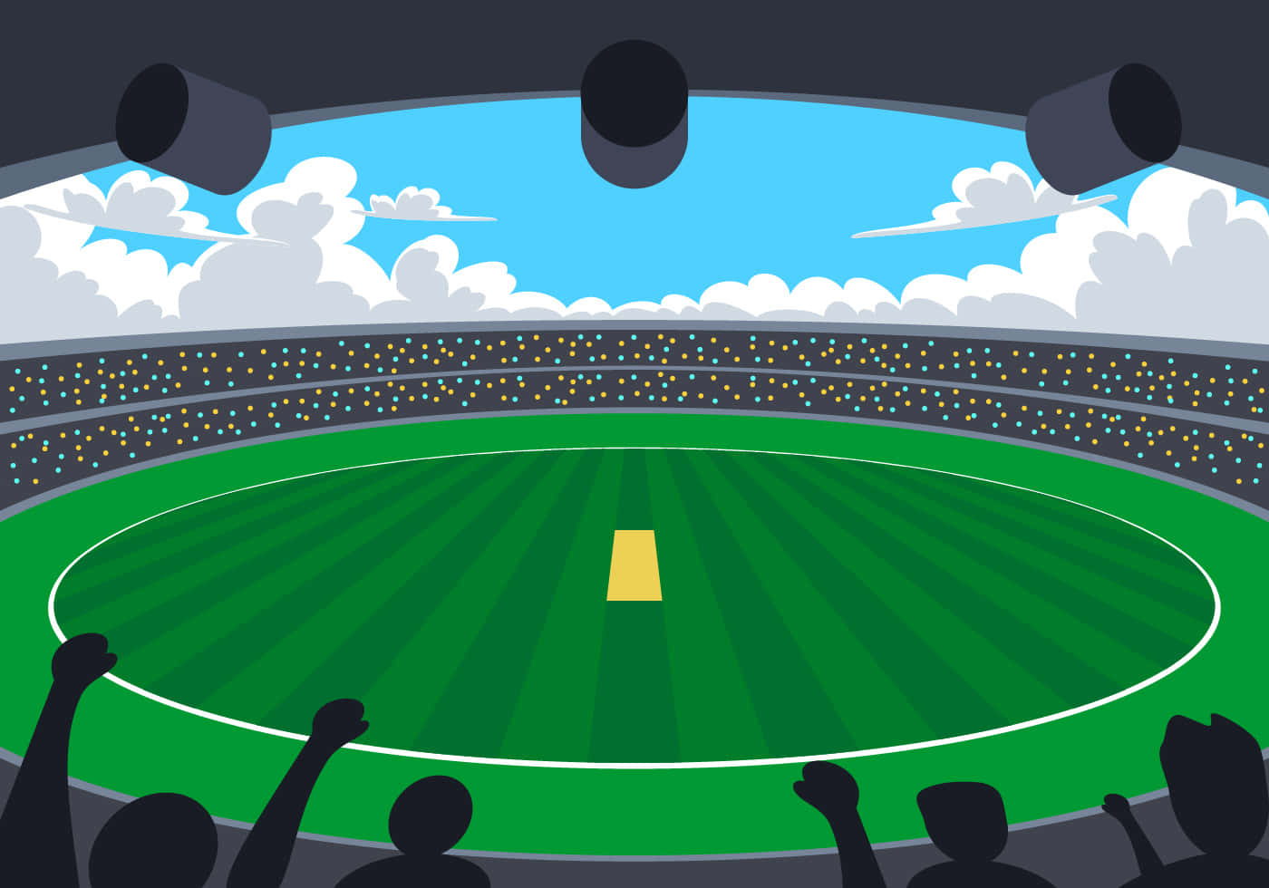 Cricket Ground 桌布 壁紙 — 一個充滿活力的卡通體育場，歡呼的剪影俯瞰著藍天白雲下的綠色板球場。