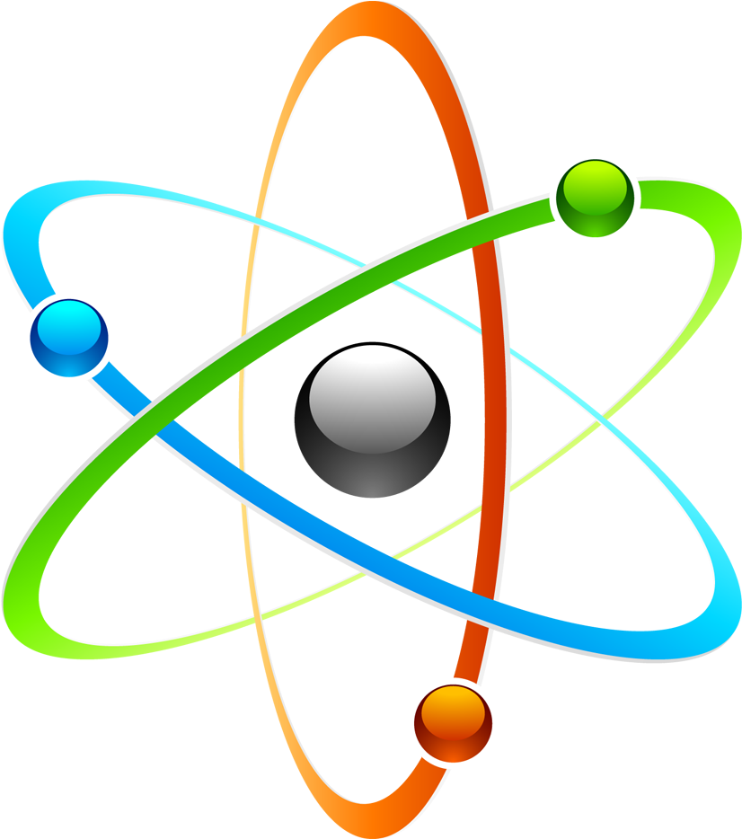 科學 桌布 壁紙 — 一個充滿活力的原子模型，帶有色彩繽紛的軌道電子，背景為黑色。