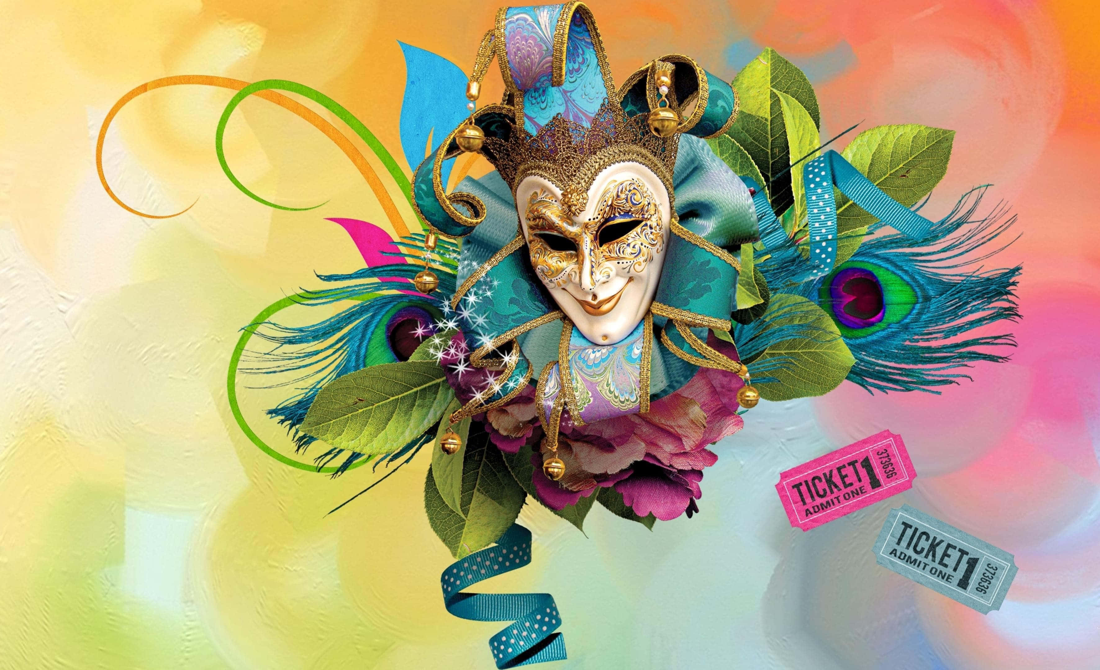 Mardi Gras 桌布 壁紙 — 一個充滿活力的嘉年華面具，飾有孔雀羽毛、花朵和絲帶，背景為色彩繽紛的抽象圖案。