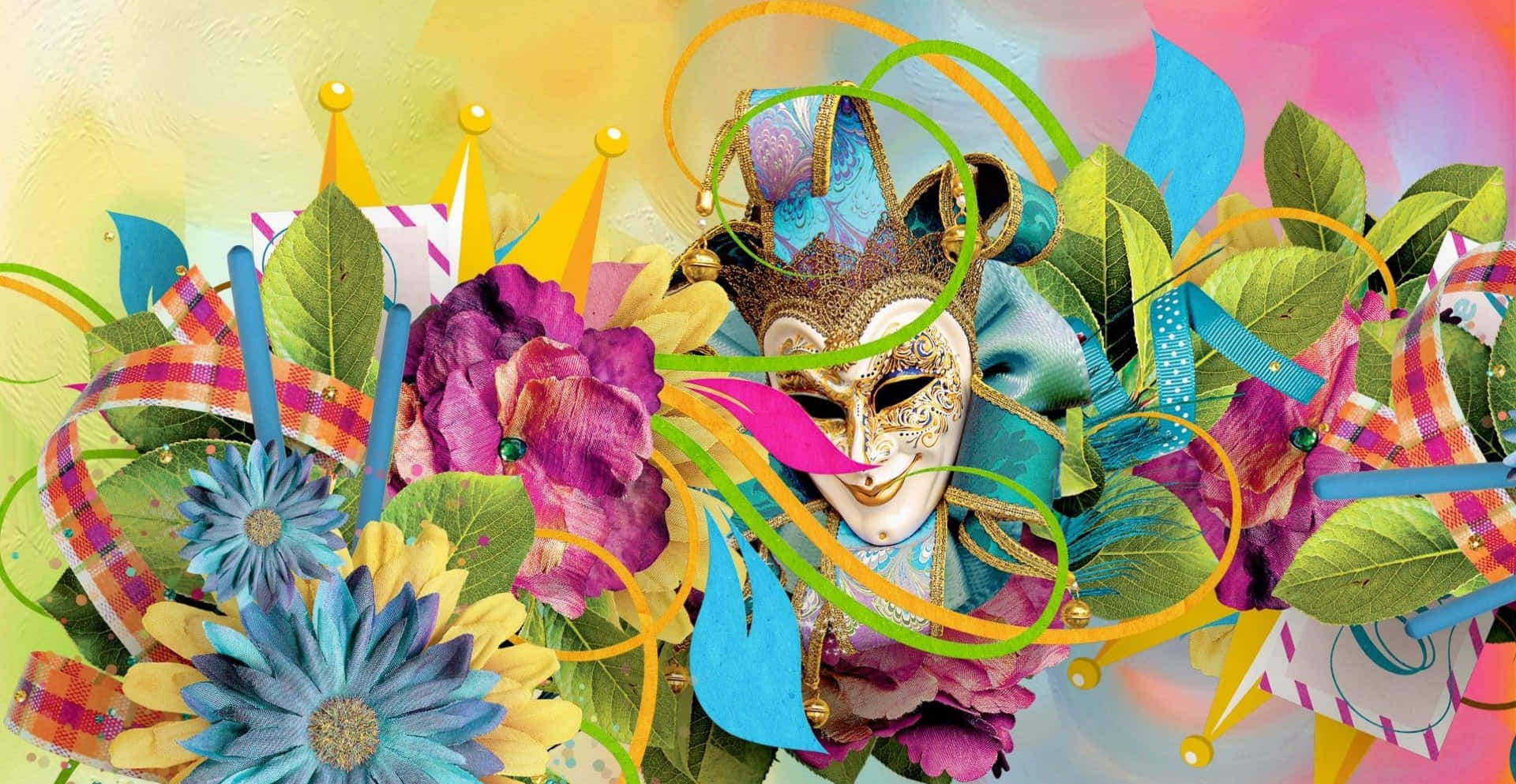 Mardi Gras 桌布 壁紙 — 一個充滿活力的嘉年華面具，飾有金色花絲和羽毛，被色彩繽紛的花朵、絲帶和葉子環繞，背景為柔和漸變色。