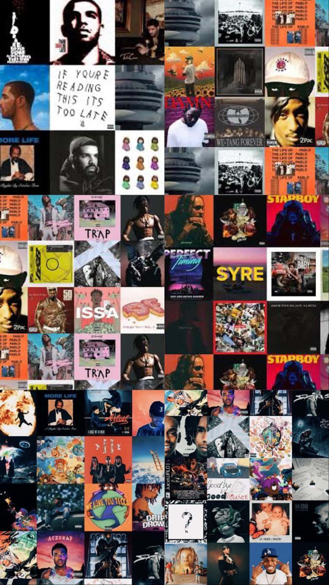 Hip Hop Album Covers 桌布 壁紙 — 一個充滿活力的嘻哈專輯封面拼貼， featuring 藝術家如 Drake 和 2Pac，帶有粗體字體和都市意象。