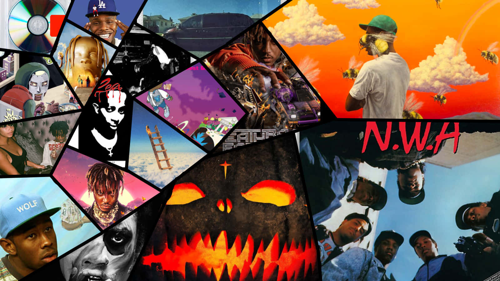 Rapper Collage 桌布 壁紙 — 一個充滿活力的嘻哈文化拼貼畫，以大膽的幾何碎片呈現藝術家、標誌性圖像和專輯藝術。