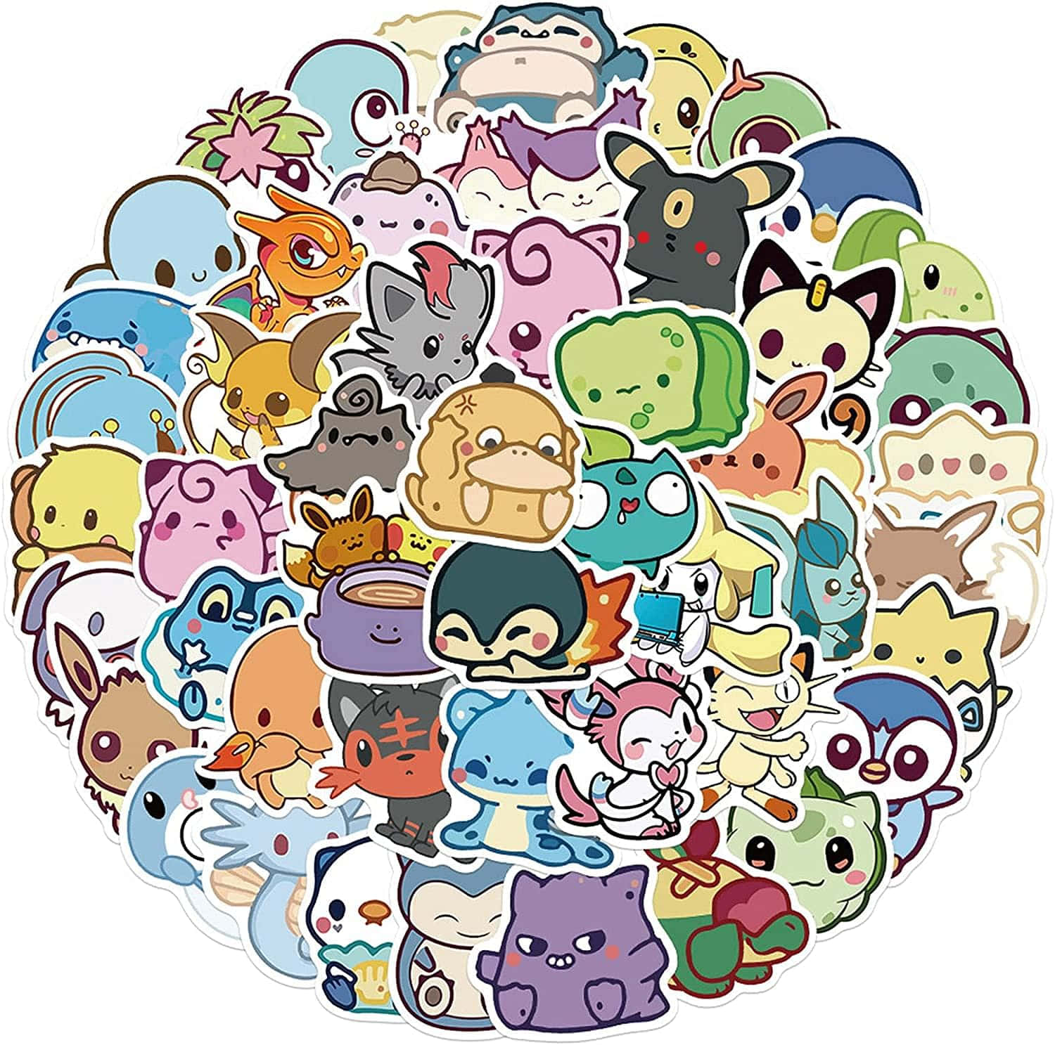 Pokemon Stickers 桌布 壁紙 — 一個充滿活力的圓形可愛卡通寶可夢貼紙堆，表情和顏色多樣。
