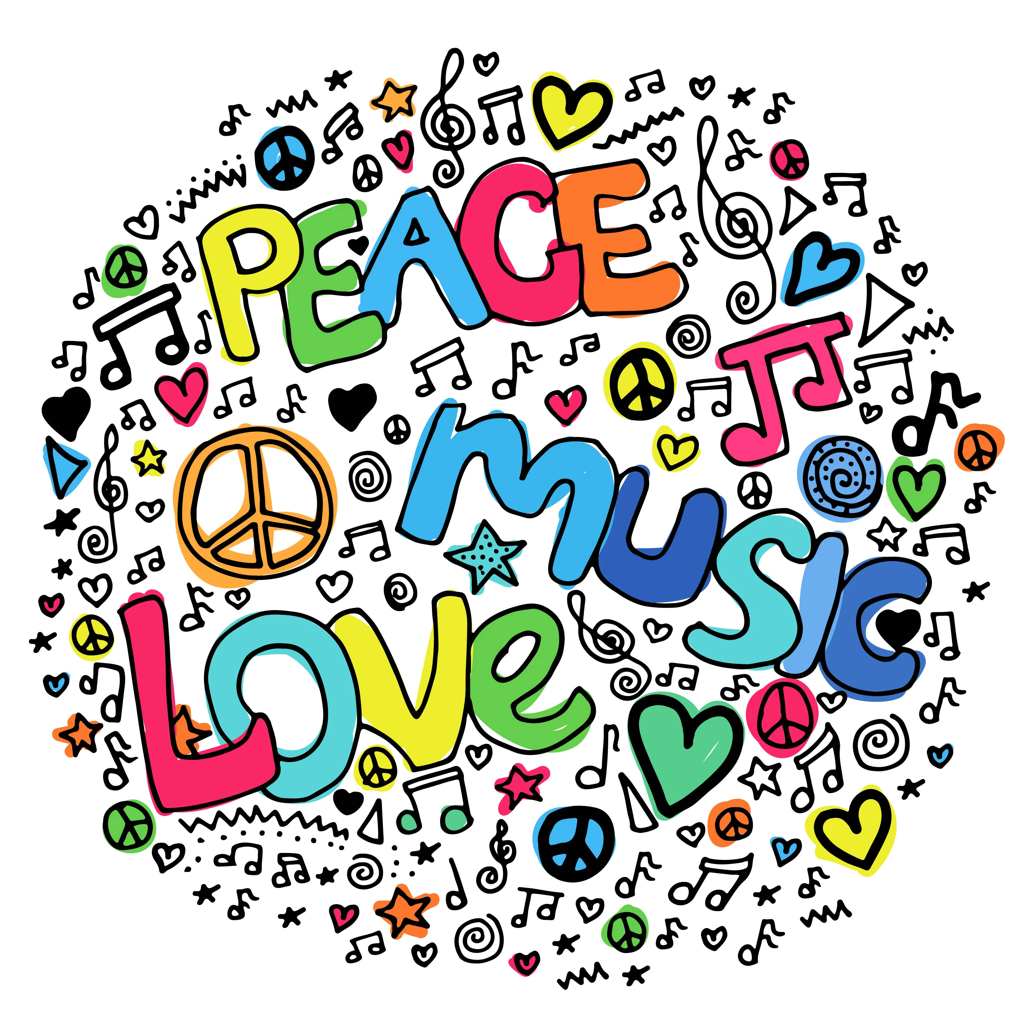 和平 桌布 壁紙 — 一個充滿活力的圓形塗鴉藝術作品，包含文字 peace music love，周圍環繞著色彩繽紛的心形、音符和和平符號。