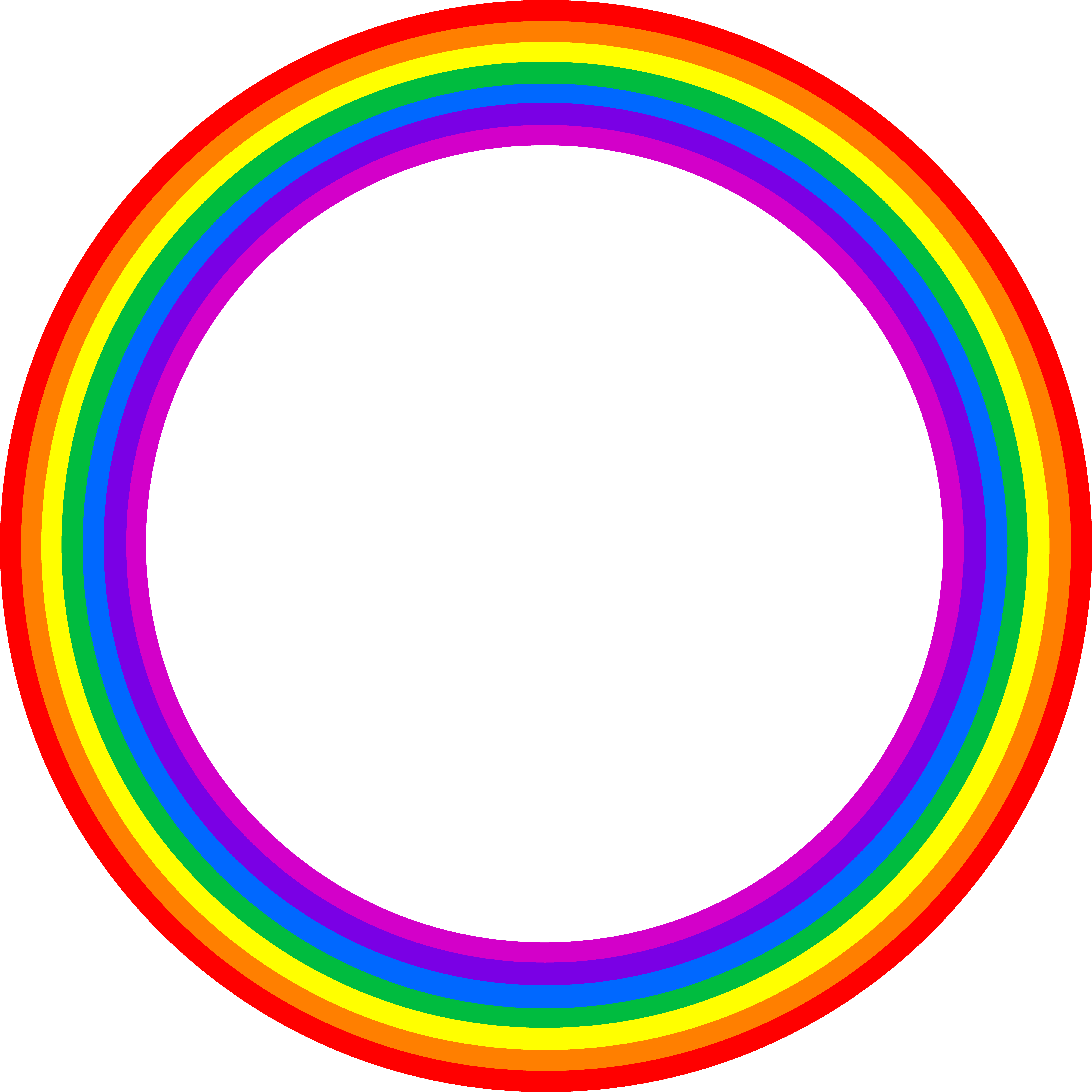 Circle Shape 桌布 壁紙 — 一個充滿活力的圓形彩虹框，帶有鮮明的紅、橙、黃、綠、藍、靛、紫色帶，襯托在純白背景上。