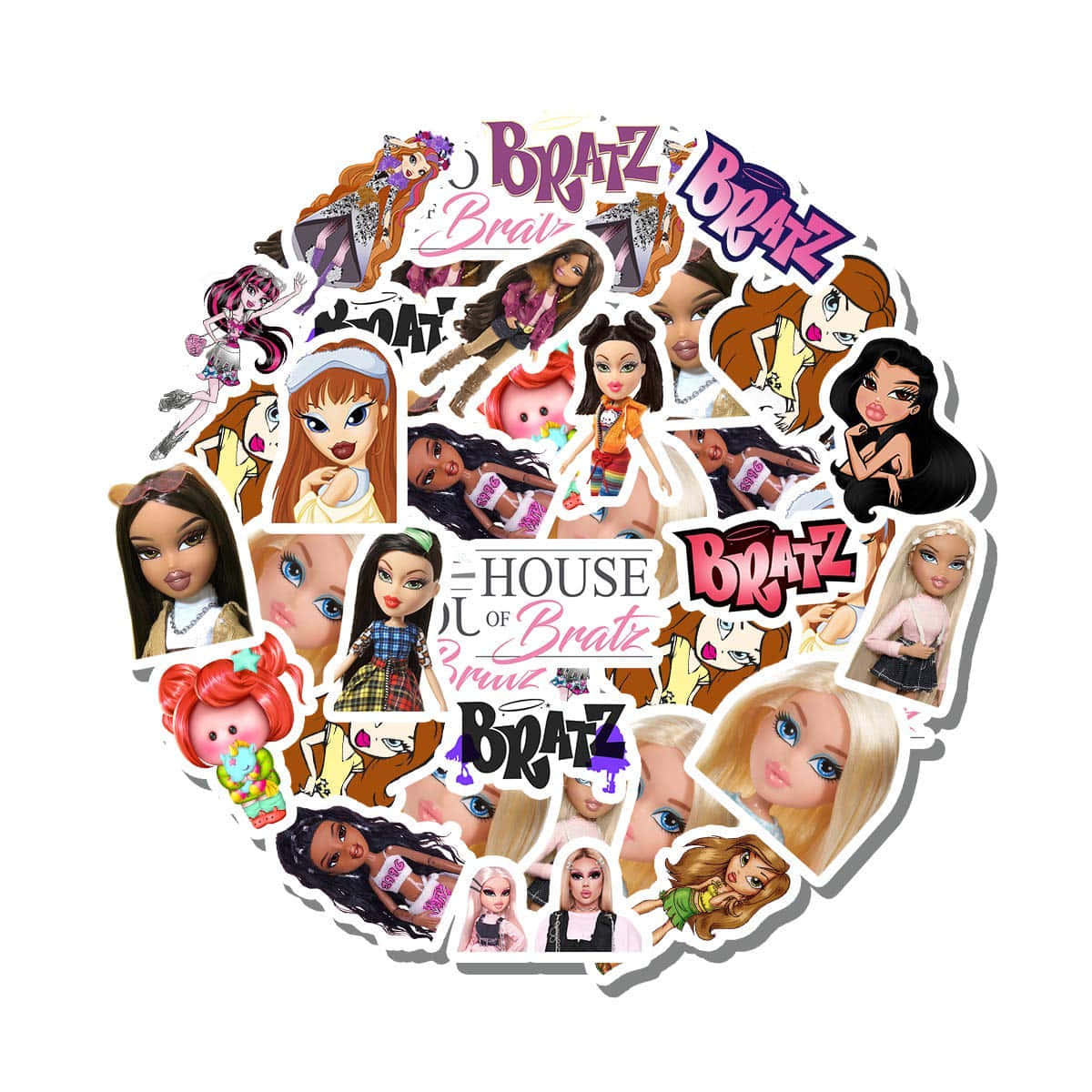 bratz 美學 桌布 壁紙 — 一個充滿活力的圓形拼貼畫，包含 Bratz 娃娃貼紙，展示多樣角色在時尚姿勢和標誌。