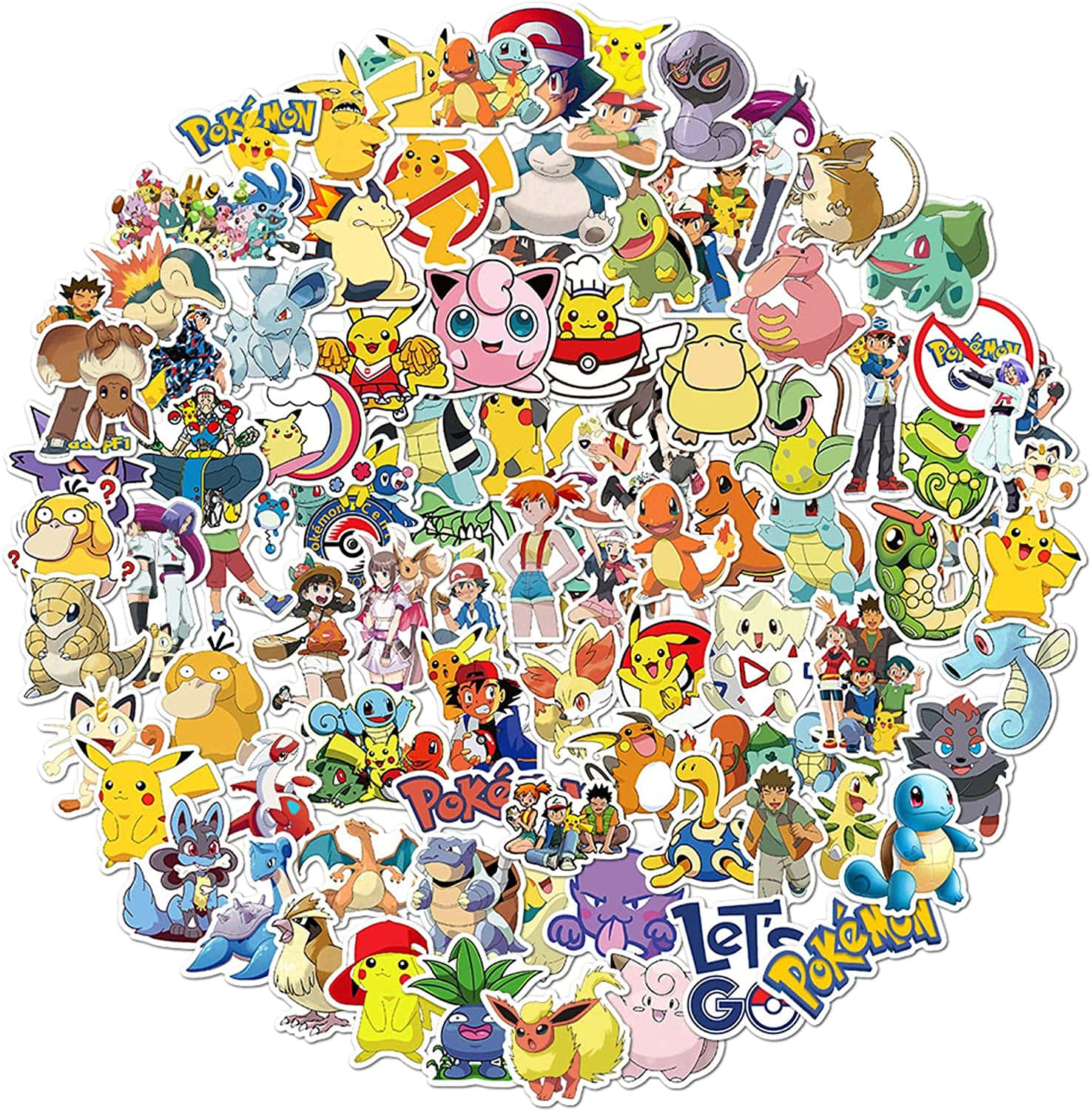 Pokemon Stickers 桌布 壁紙 — 一個充滿活力的圓形排列，包含色彩繽紛的寶可夢貼紙， featuring 標誌性角色如皮卡丘和伊布，背景為白色。