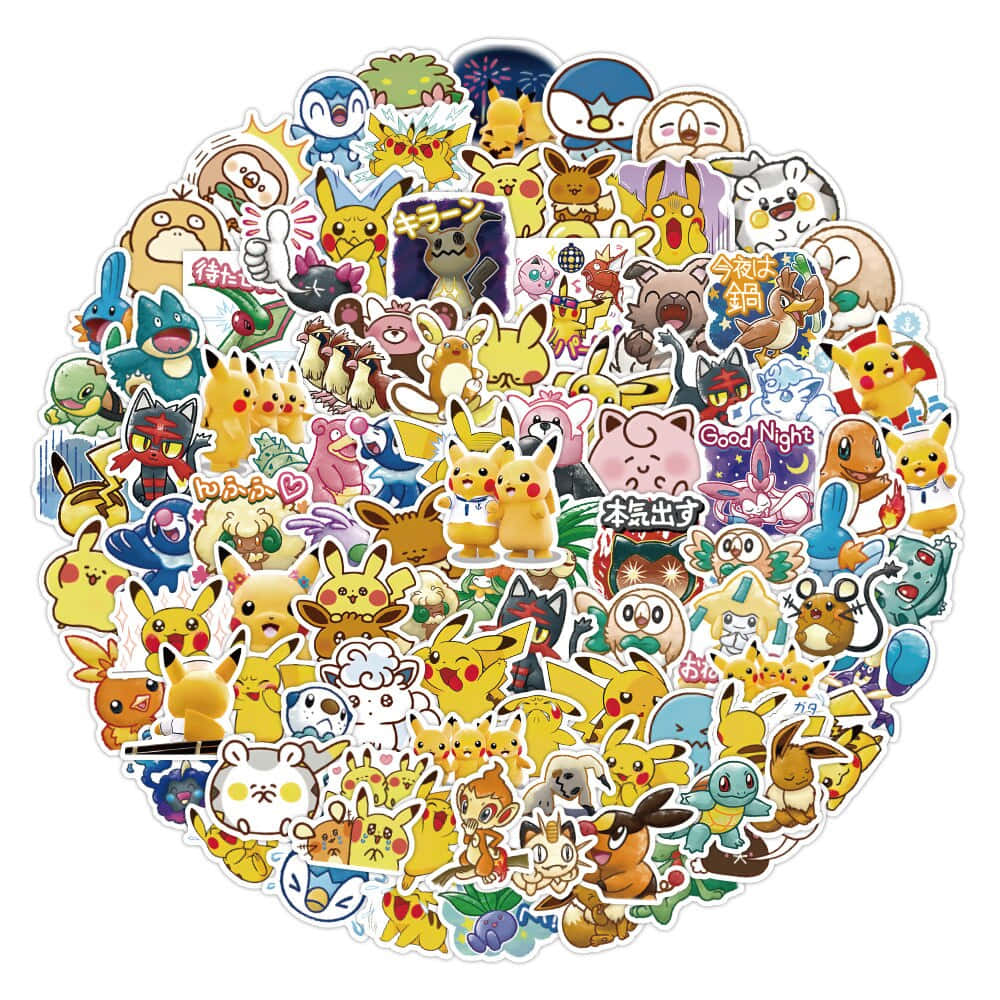 Pokemon Stickers 桌布 壁紙 — 一個充滿活力的圓形排列，包含色彩繽紛的寶可夢貼紙，有皮卡丘及其他角色以各種可愛姿勢呈現。
