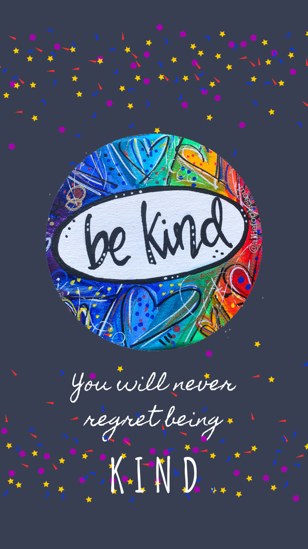 愛心 桌布 壁紙 — 一個充滿活力的圓形插圖，帶有「be kind」文字，周圍環繞著色彩繽紛的抽象圖案和落在深色背景上的五彩紙屑。