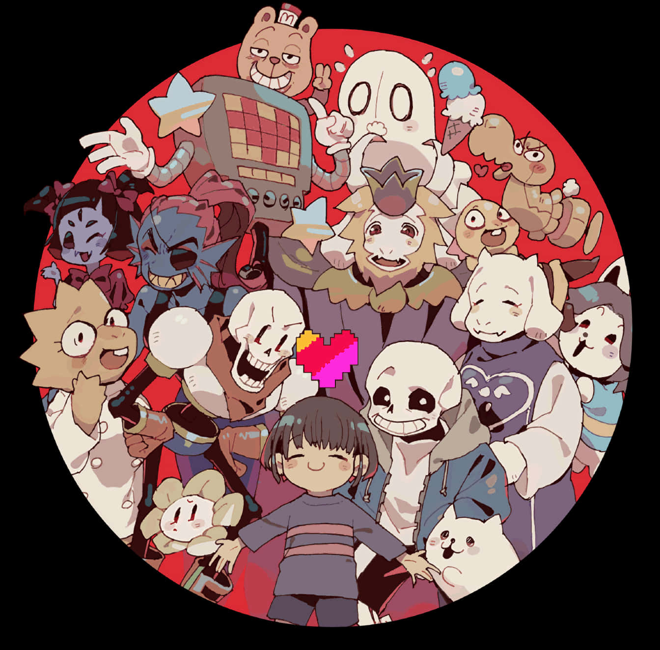 Undertale 桌布 壁紙 — 一個充滿活力的圓形插圖，描繪了各種動漫角色在紅色背景前微笑並一起擺姿勢。