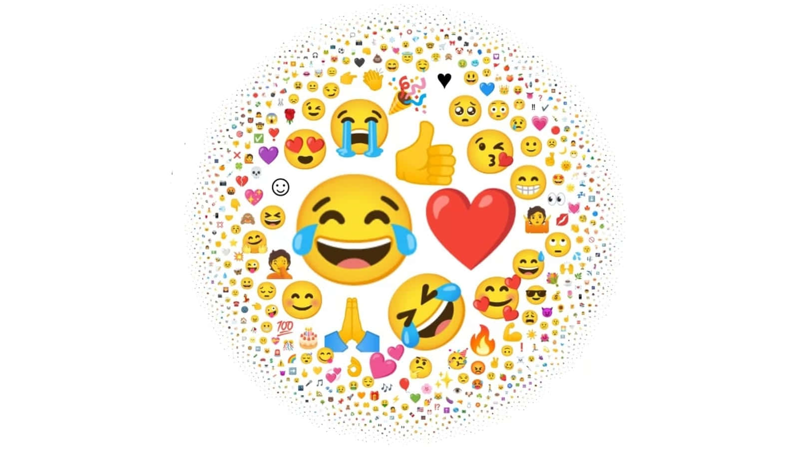 表情符號 桌布 壁紙 — 一個充滿活力的圓形爆發，由彩色表情符號組成，中心是一個帶淚水和紅心的笑臉。