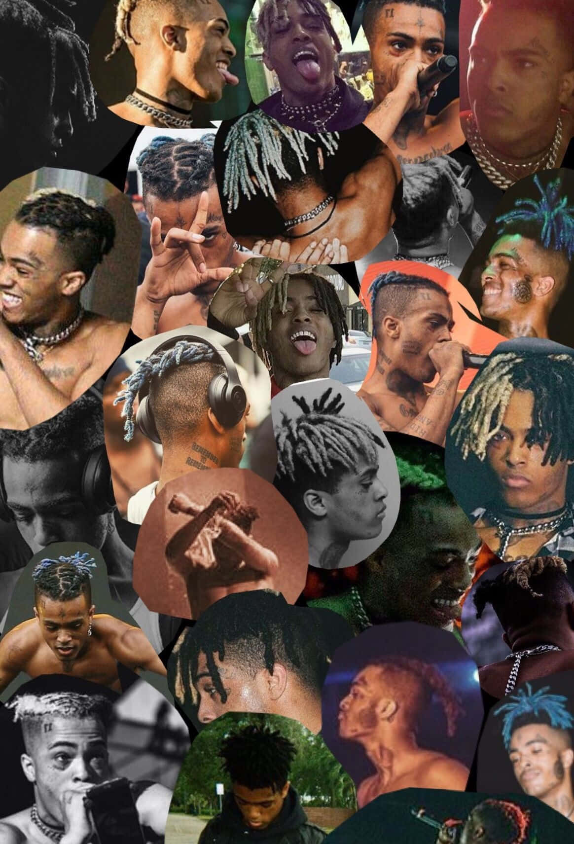 Rapper Collage 桌布 壁紙 — 一個充滿活力的圓形肖像剪貼畫，展示XXXTentacion各種富有表現力的姿勢和色彩繽紛的髮型。