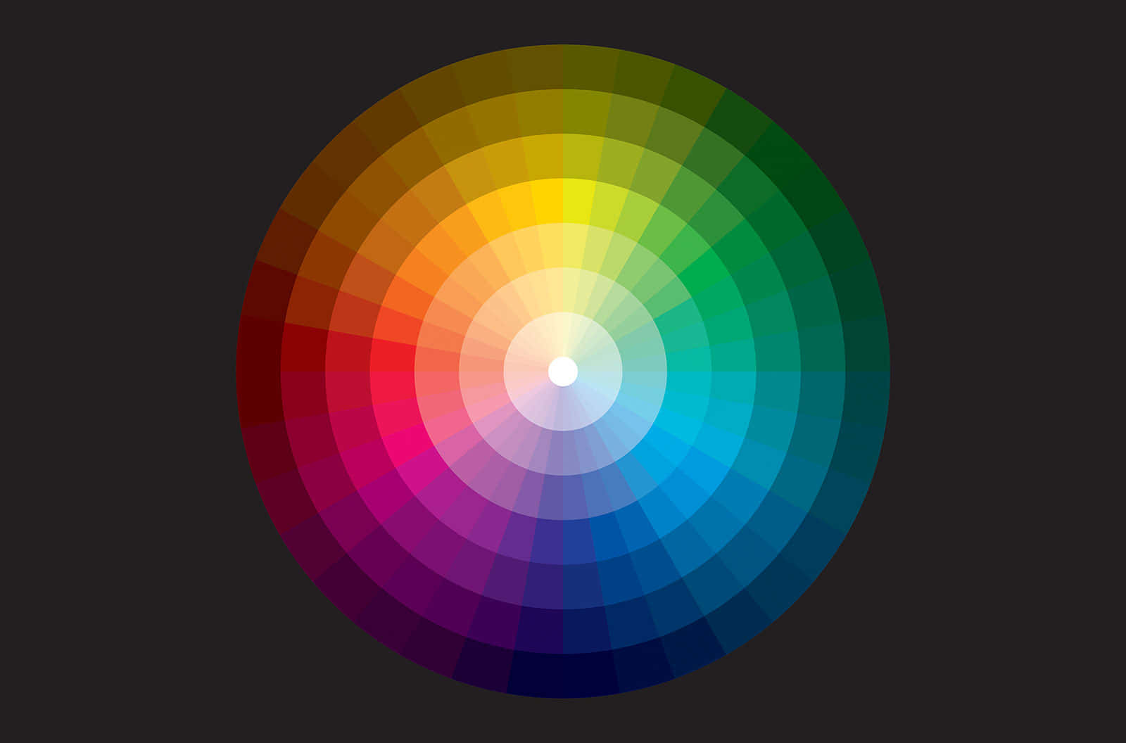 Color Palette 桌布 壁紙 — 一個充滿活力的圓形色輪，在深色背景下散發出從暖紅色到冷藍色的色調。