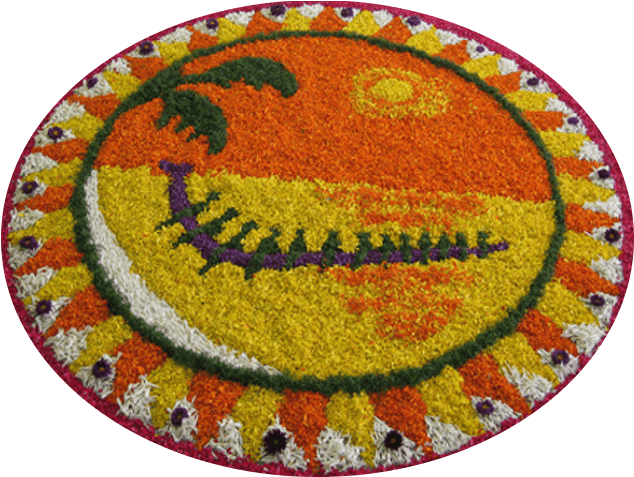 Onam 桌布 壁紙 — 一個充滿活力的圓形花卉 rangoli 設計，包含棕櫚樹、船和太陽，背景為黃色和橙色。
