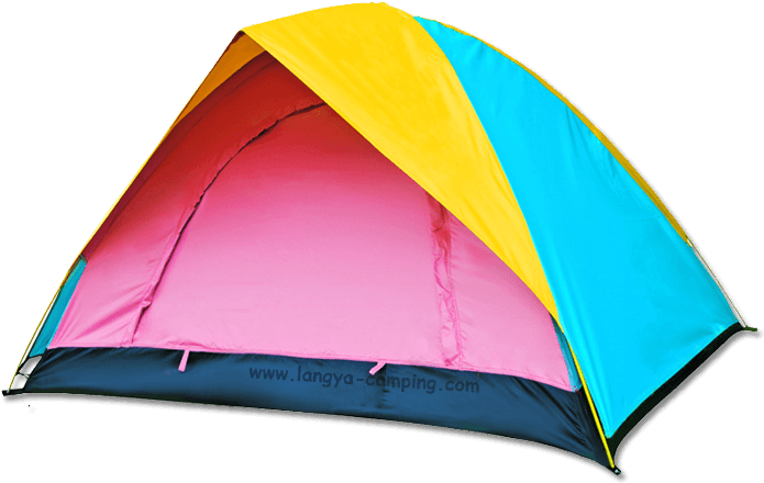 Tent 桌布 壁紙 — 一個充滿活力的圓頂帳篷，帶有黃色、藍色和粉紅色面板，背景為黑色。