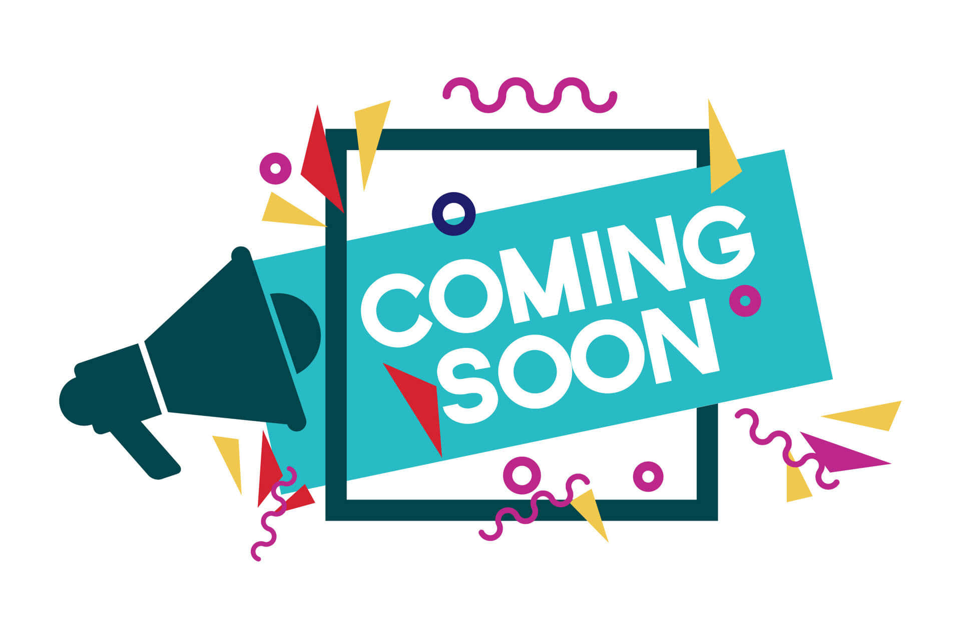 Coming Soon 桌布 壁紙 — 一個充滿活力的圖形，一個大聲公喊著「COMING SOON」，周圍環繞著色彩繽紛的幾何碎紙。