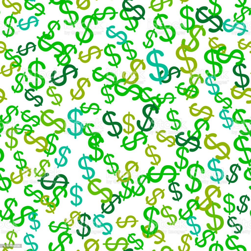 Money Sign 桌布 壁紙 — 一個充滿活力的圖案，在潔白背景上散落著綠色和藍綠色的美元符號。