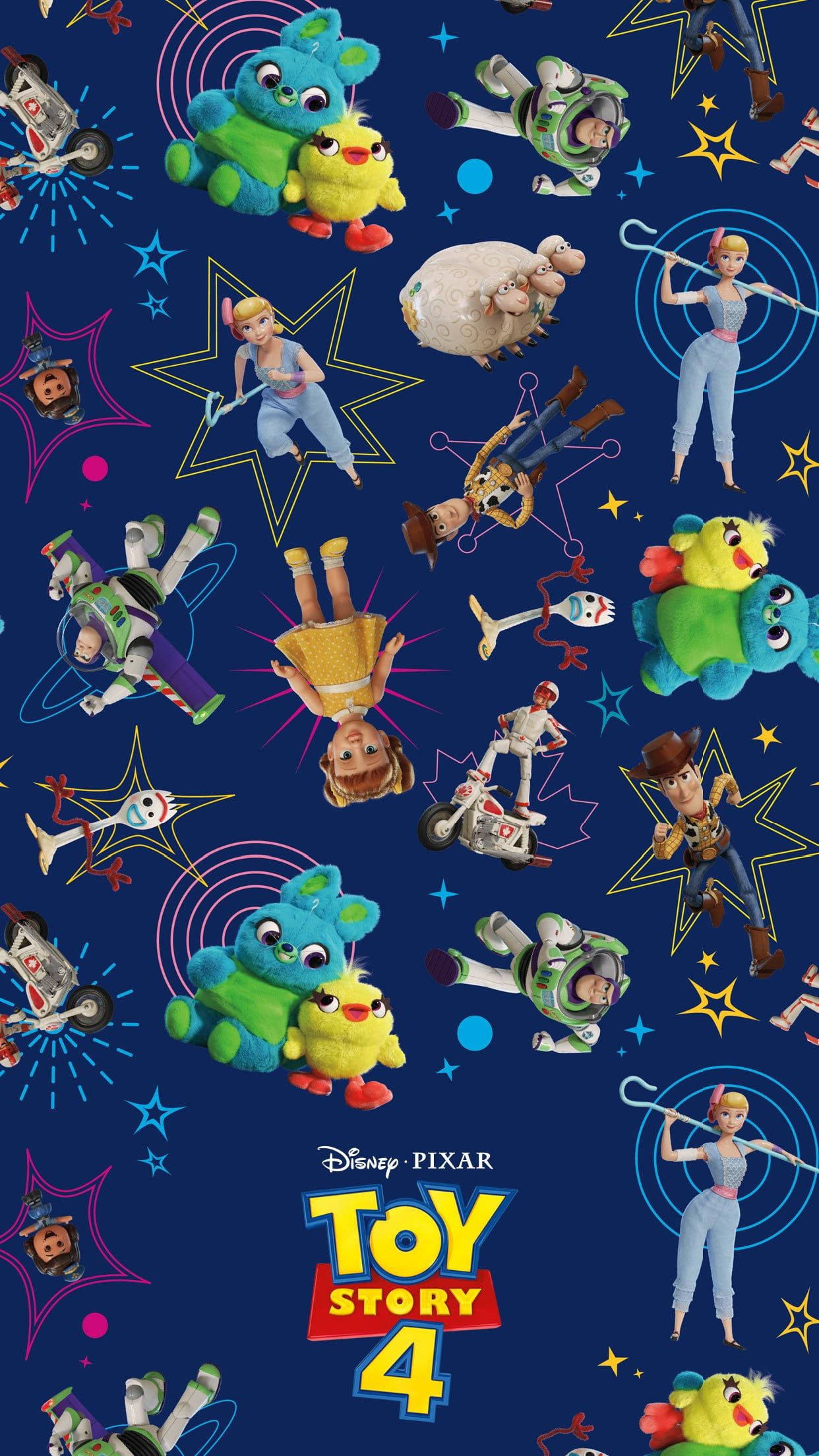 Toy Story 4 桌布 壁紙 — 一個充滿活力的圖案，描繪《玩具總動員4》角色在深藍色背景上漂浮於太空，點綴著星星和宇宙漩渦。
