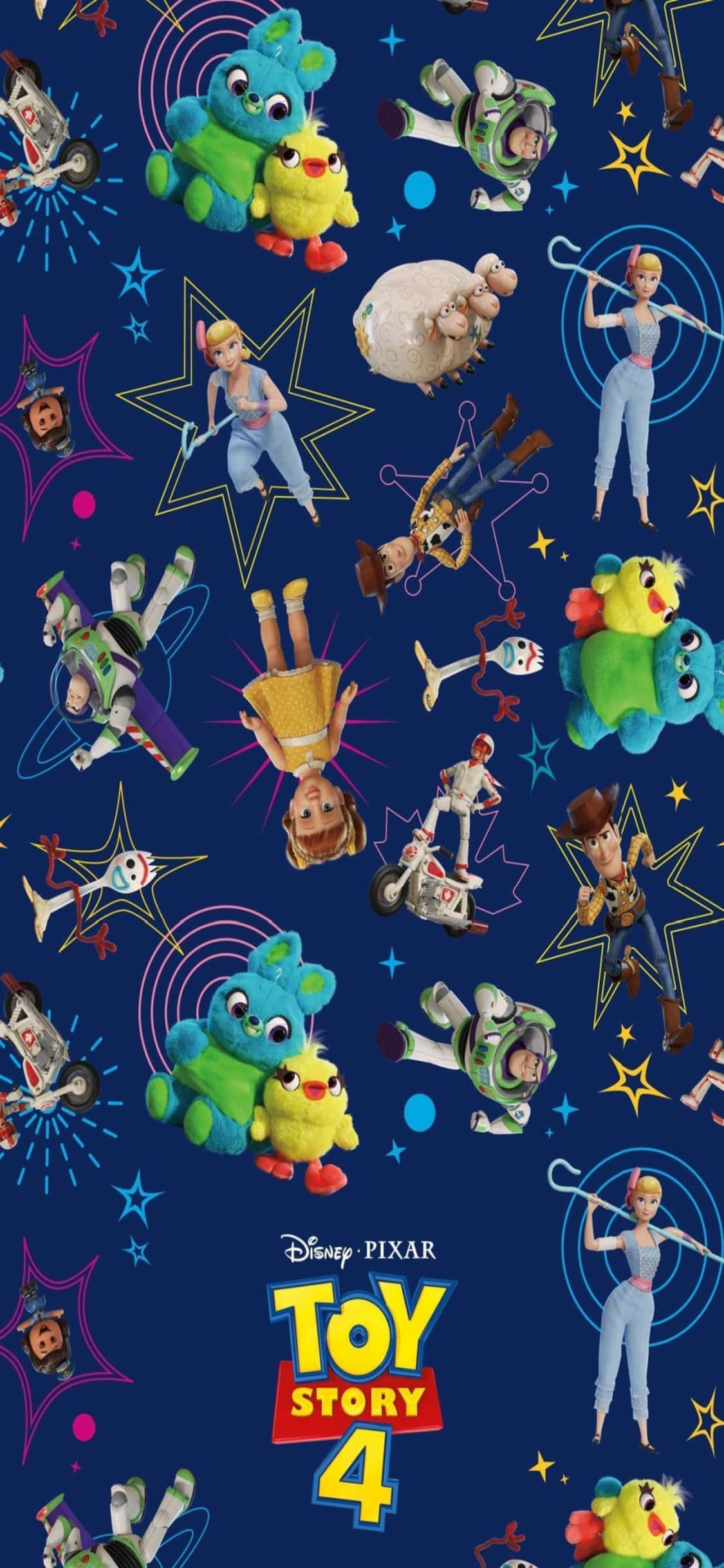 walt disney 桌布 壁紙 — 一個充滿活力的圖案，描繪《玩具總動員4》角色在深藍色星空背景上漂浮，帶有發光的星星和色彩繽紛的輪廓。