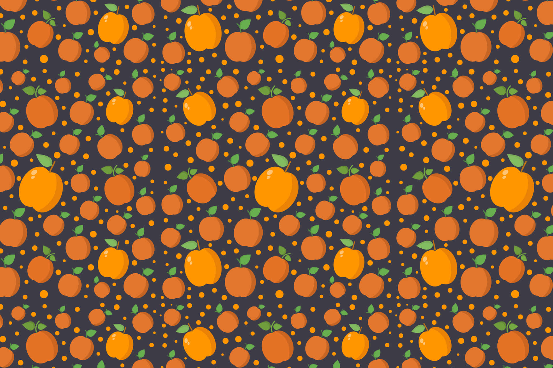 Apricot Pattern 壁紙 — 一個充滿活力的圖案，橙色水果和綠色葉子散佈在深灰色背景上，點綴著細小的橙色圓圈。