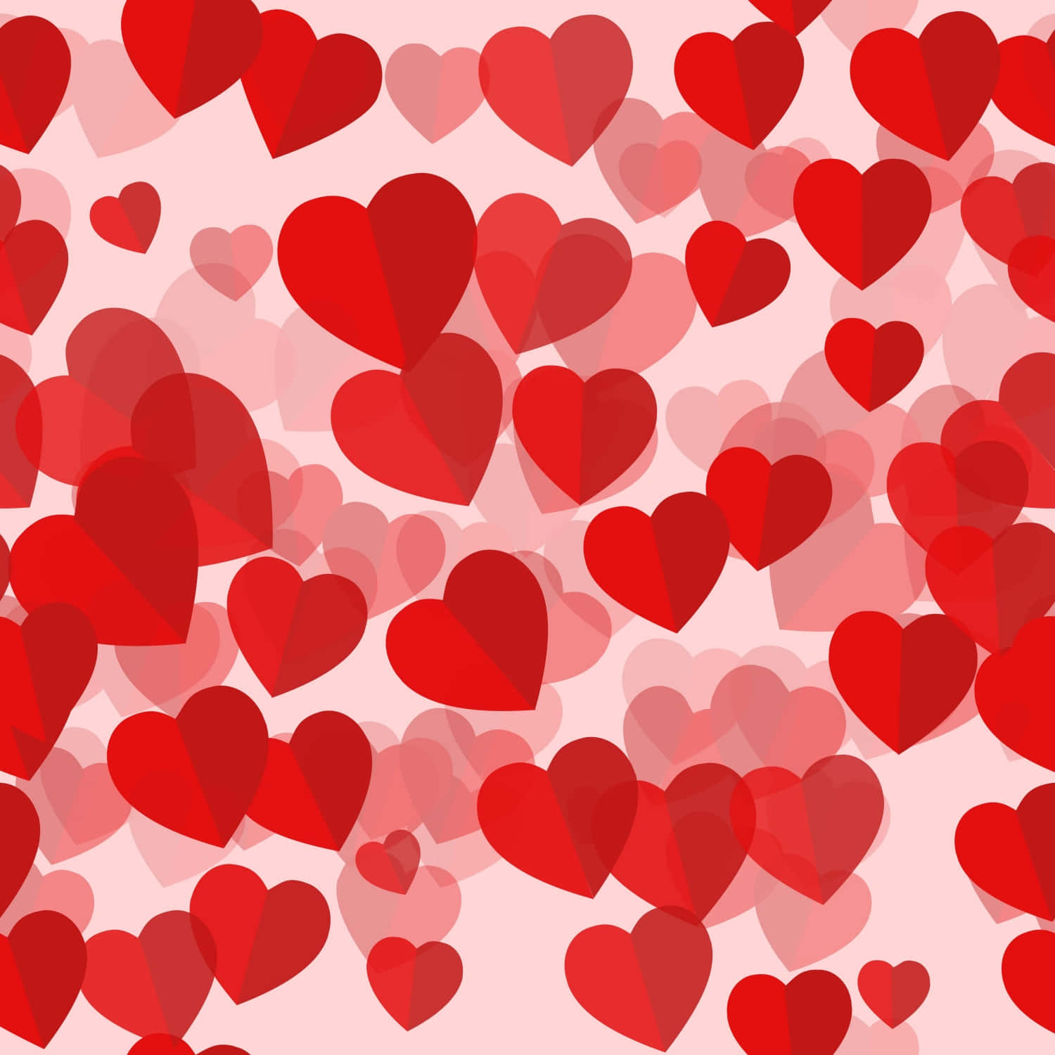 Heart Pattern 桌布 壁紙 — 一個充滿活力的圖案，由不同深淺的紅色愛心重疊在柔和的粉紅色背景上組成。