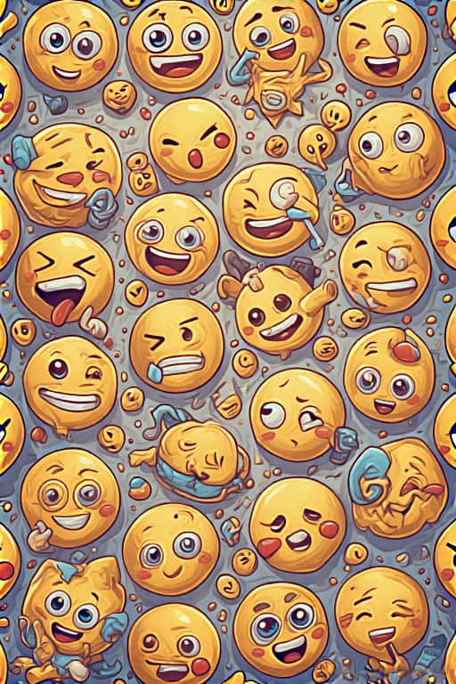 Colorful Emoji Pattern 壁紙 — 一個充滿活力的圖案，由卡通風格的黃色表情符號組成，帶有各種俏皮的表情，漂浮在紋理灰色背景上。