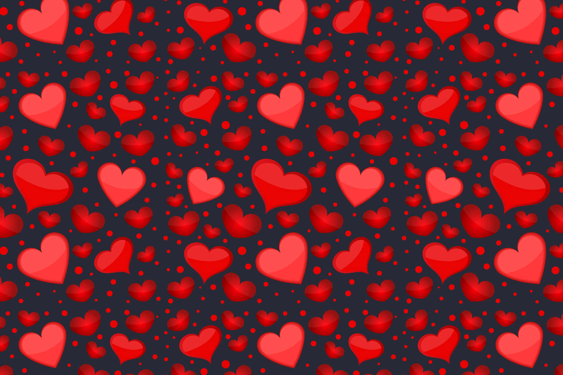 Hearts Pattern 壁紙 — 一個充滿活力的圖案，由各種大小的亮面紅色心形散落在深海軍藍背景上，並帶有細小的紅色圓點。