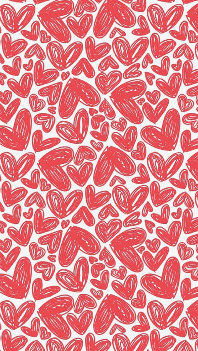 Cute Red 桌布 壁紙 — 一個充滿活力的圖案，由各種尺寸的手繪紅色心形散落在白色背景上組成。