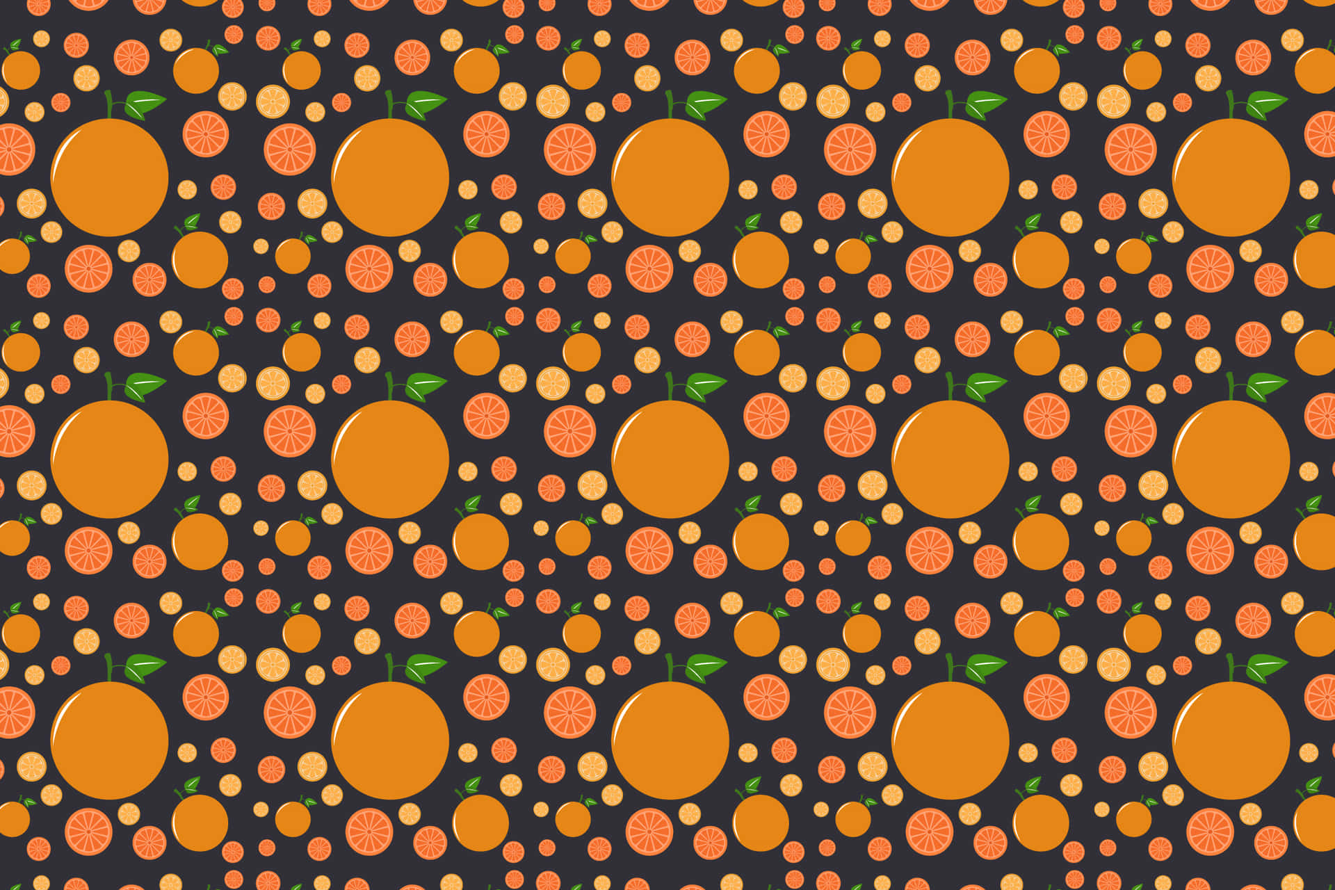 Orange Pattern 壁紙 — 一個充滿活力的圖案，由完整和切片柳橙與綠葉散落在深色背景上組成。