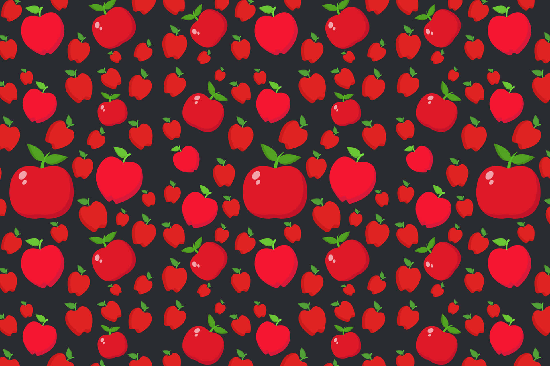 Apple Pattern 壁紙 — 一個充滿活力的圖案，由帶有綠色莖的光澤紅蘋果散落在深炭灰色背景上組成。