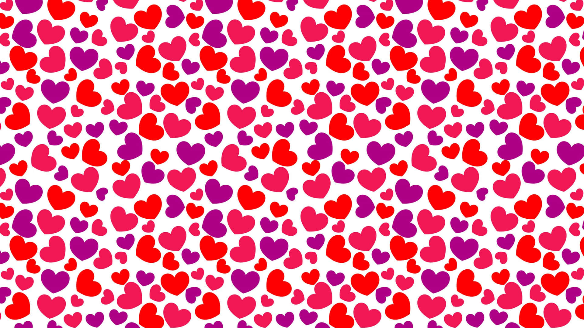 Heart 桌布 壁紙 — 一個充滿活力的圖案，由散落的紅色和紫色心形組成，位於潔淨的白色背景上。