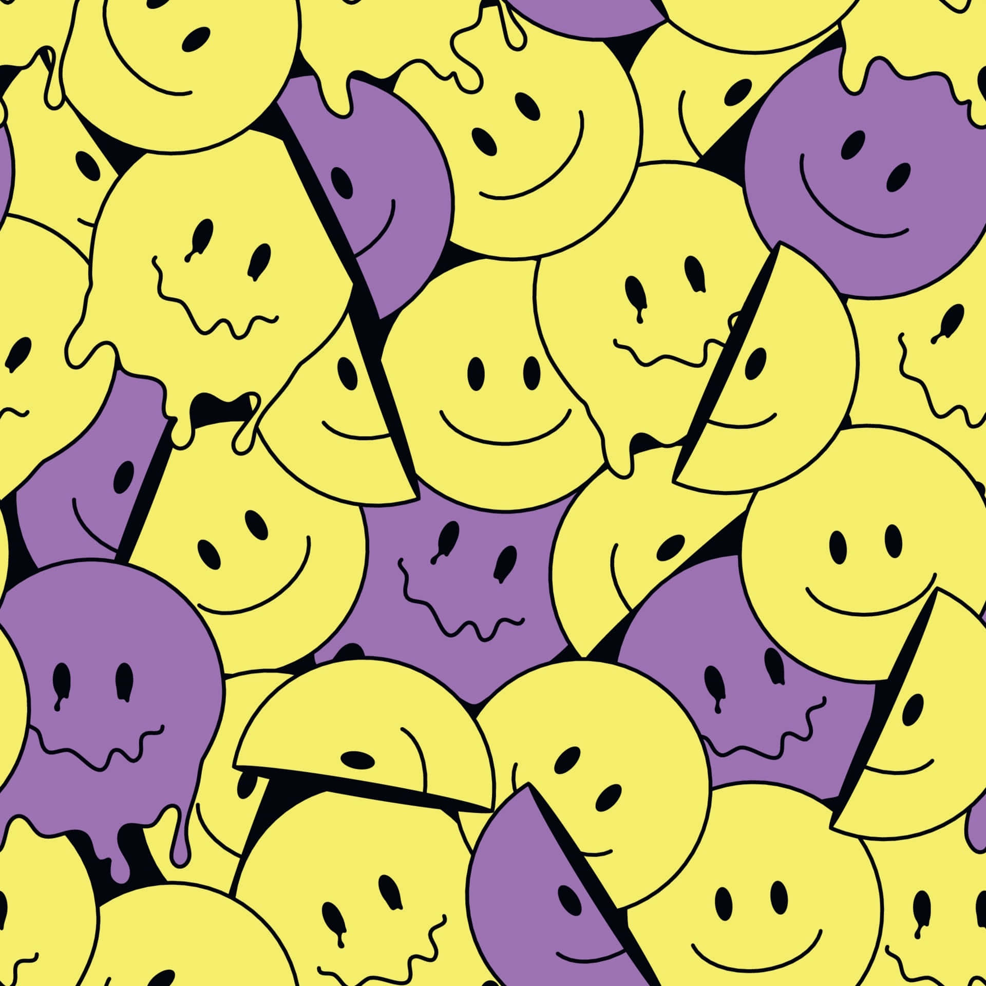 Smile 桌布 壁紙 — 一個充滿活力的圖案，由正在融化的黃色和紫色笑臉組成，邊緣滴落，帶有簡單的黑色輪廓。