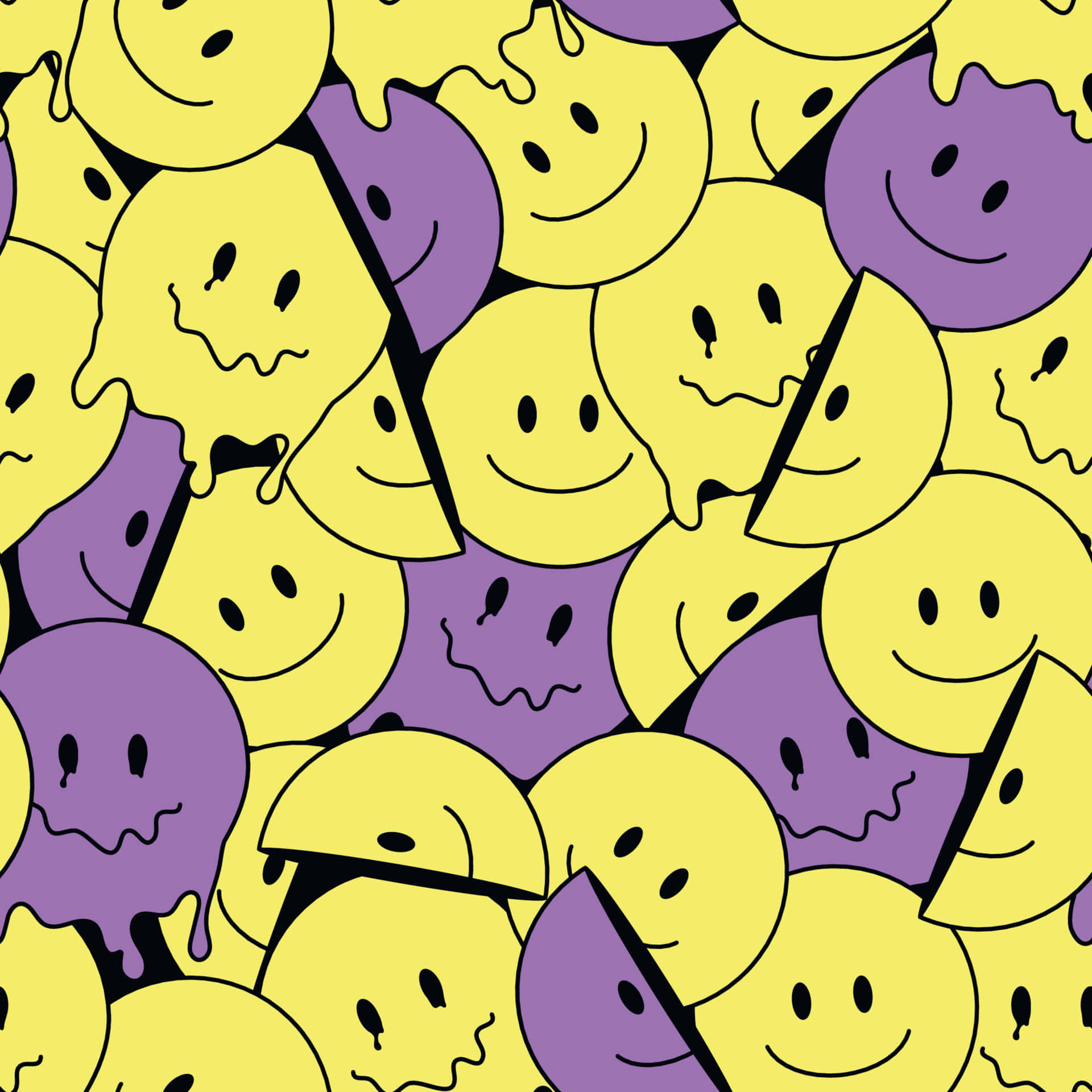 Aesthetic Trippy Smiley Face 桌布 壁紙 — 一個充滿活力的圖案，由正在融化的黃色和紫色笑臉組成，帶有黑色輪廓和滴落的邊緣。