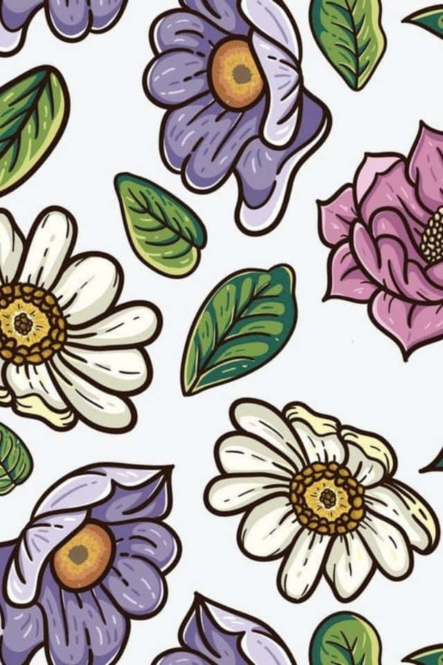 iPhone Flower 桌布 壁紙 — 一個充滿活力的圖案，由風格化的紫色、粉紅色和白色花朵搭配綠色葉子組成，背景為淺色。