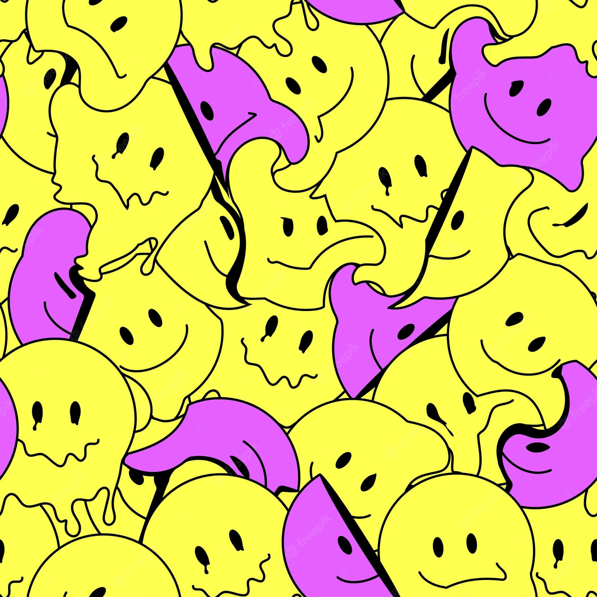 Aesthetic Trippy Smiley Face 桌布 壁紙 — 一個充滿活力的圖案，由黃色和紫色的融化笑臉組成，帶有粗黑的輪廓。