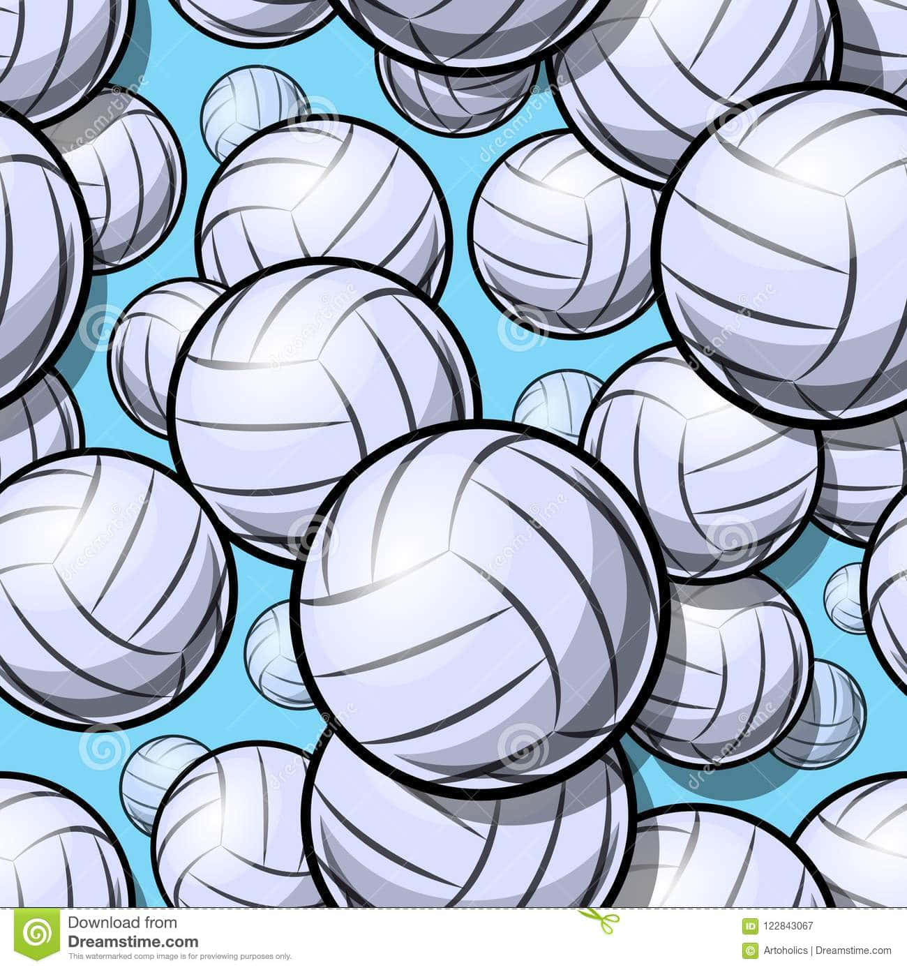 Volleyball Ball 桌布 壁紙 — 一個充滿活力的圖案，白色排球帶有醒目的黑色接縫，散落在明亮的藍色背景上。