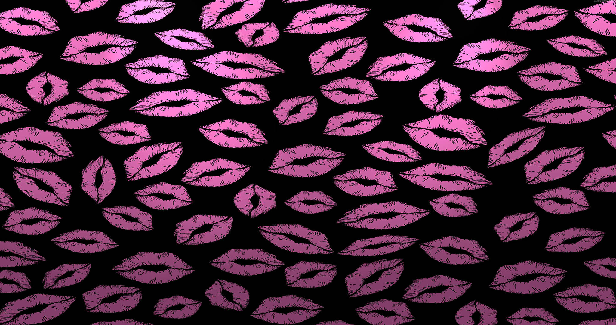 girly pink aesthetic 桌布 壁紙 — 一個充滿活力的圖案，粉紅色唇膏吻痕散落在純黑色背景上。