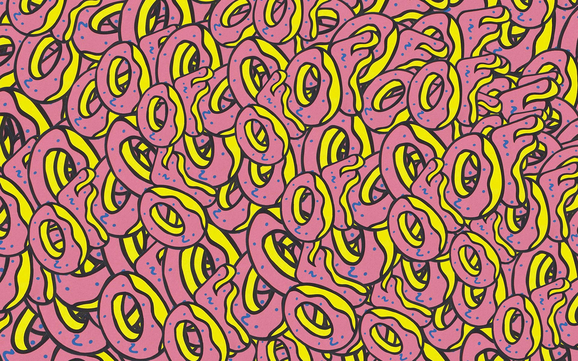 Donut 桌布 壁紙 — 一個充滿活力的圖案，粉紅色糖霜甜甜圈帶有黃色糖霜和藍色糖粒，以卡通風格緊密重疊。