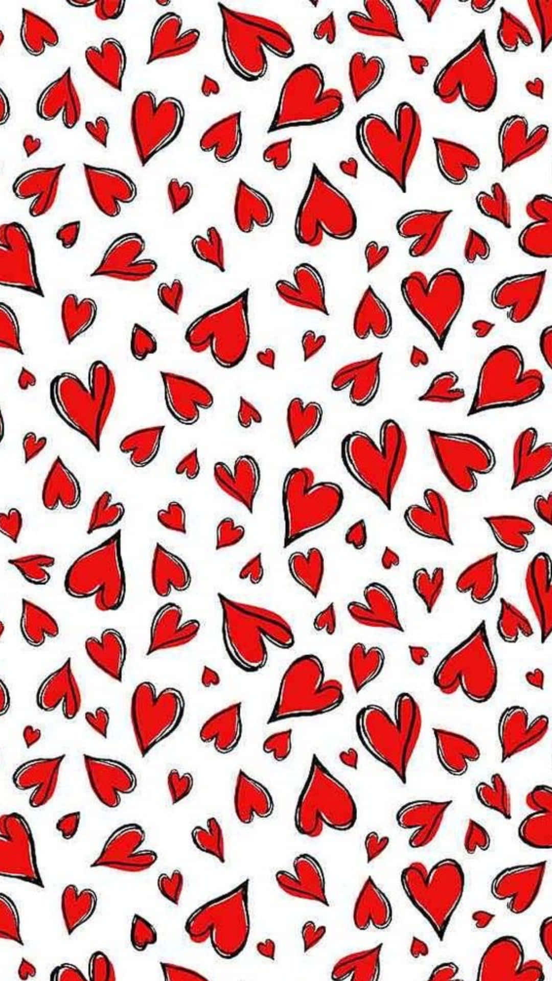 Red Hearts 桌布 壁紙 — 一個充滿活力的圖案，紅色心形帶有黑色輪廓，散落在潔淨的白色背景上。