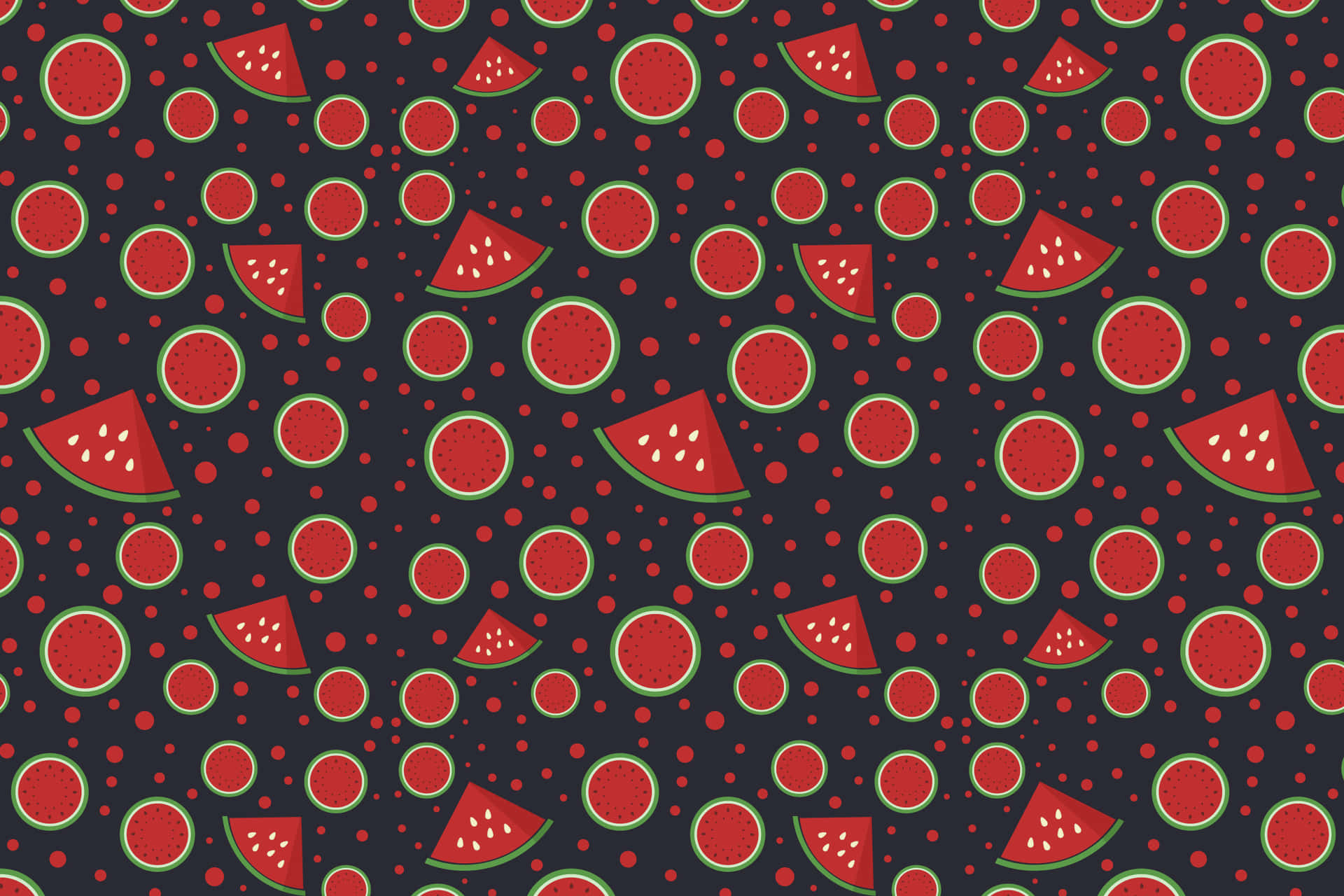 Watermelon Pattern 壁紙 — 一個充滿活力的圖案，紅色西瓜片和整個帶綠色外皮的瓜散落在深海軍藍色背景上，點綴著小紅色圓圈。