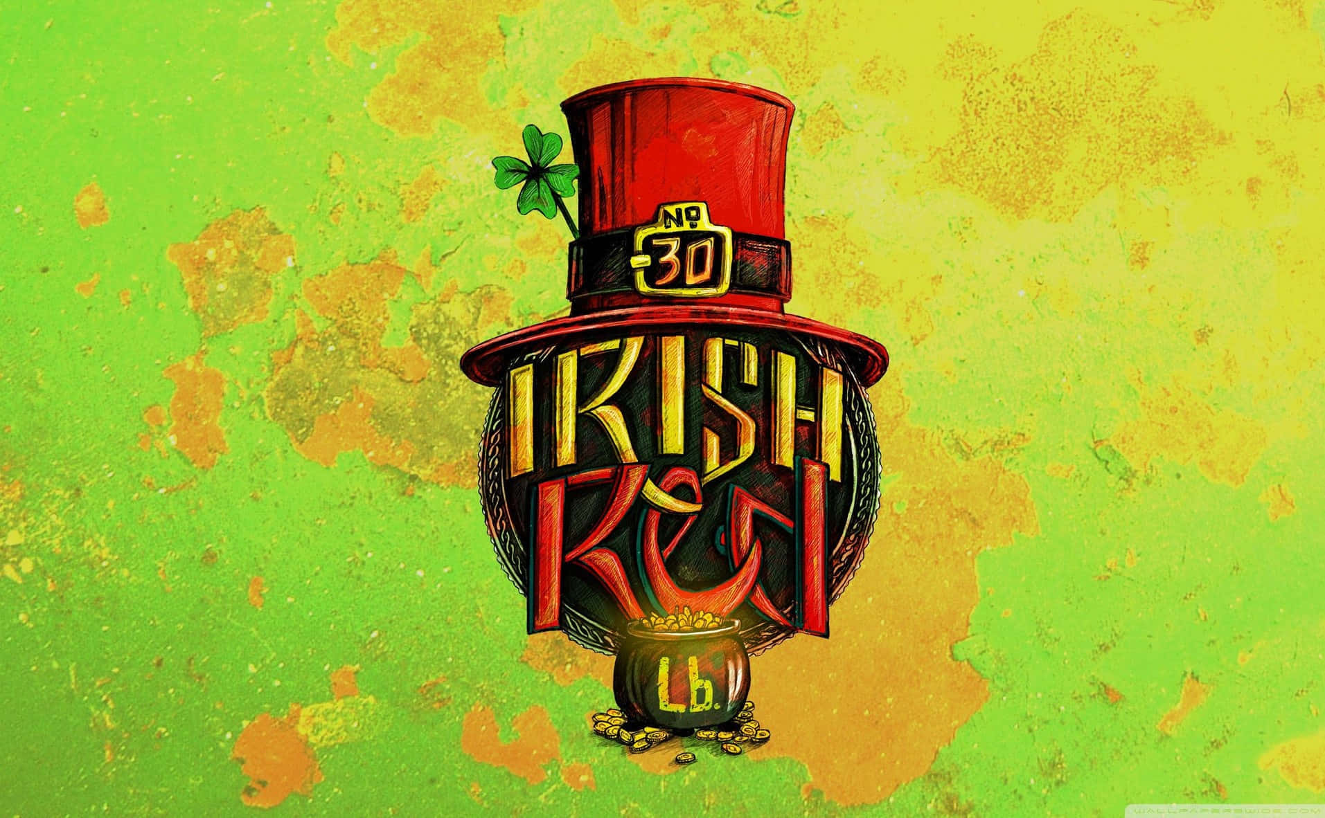 Celtic Irish 桌布 壁紙 — 一個充滿活力的圖案，紅色高帽上有三葉草和「No 30」徽章，放在標有「Lb」的金鍋上，背景是帶紋理的綠色和黃色。