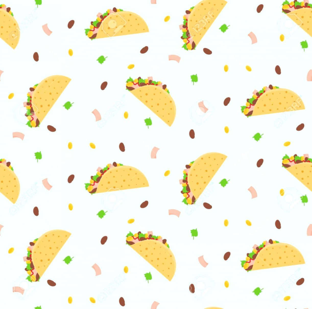 Hispanic 桌布 壁紙 — 一個充滿活力的圖案，色彩繽紛的墨西哥捲餅配上豆子和香菜，散落在潔白的背景上。